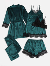 5pcs Contrast Eyelash Lace Bow Detail Belted Satin PJ Set